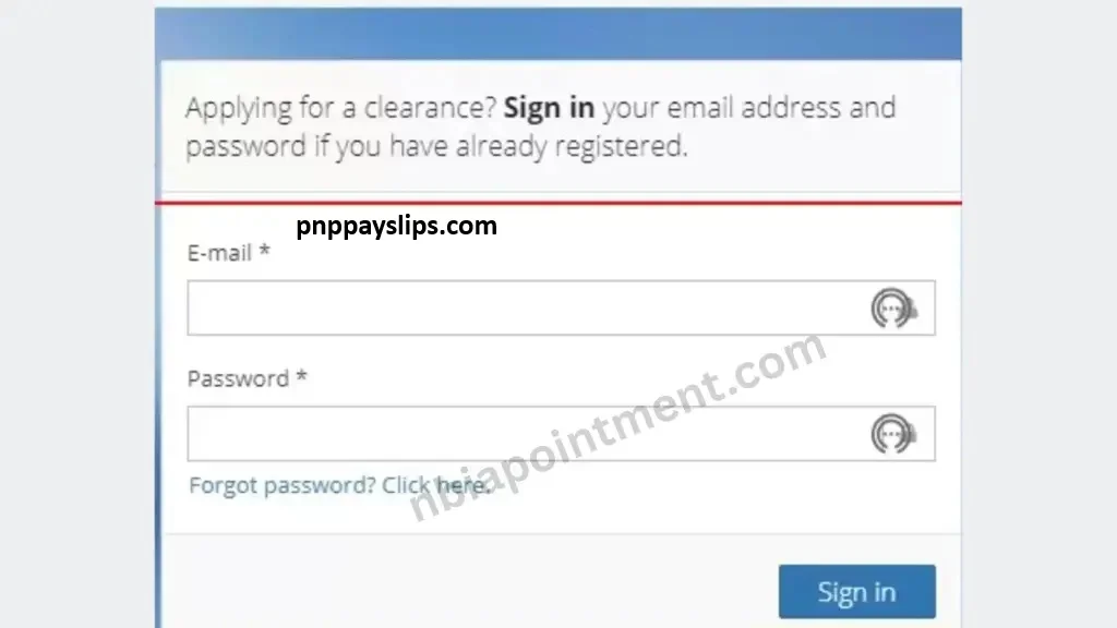 PNP Police Clearance online login portal layout